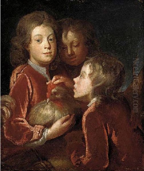 Portrait Of Three Boys In Red Coats, Holding A Chicken - view 1
