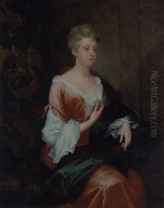 Portrait Of Ann Roydhouse In A Red Dress And Green Wrap, Beside A Curtain In An Interior Portrait Of Ann Roydhouse In A Red Dress And Green Wrap, Beside A Curtain In An Interior