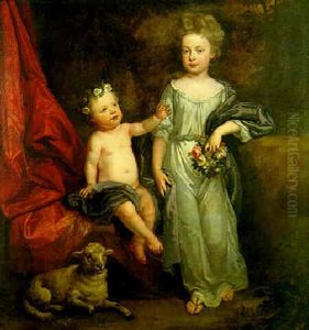 Portrait Of Two Children, The Young Girl Holding A Garland Of Flowers, Her Infant Brother Seated By A Lamb by Sir John Baptist de Medina