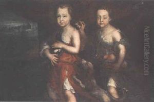 Portrait Of Two Children Standing Wearing Classical Robes, One Holding A Magpie, The Other A Basket Of Fruit, A Highland Landscape Beyond