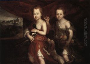 Group Portrait Of Two Young Children And Their Spaniel by Sir John Baptist de Medina