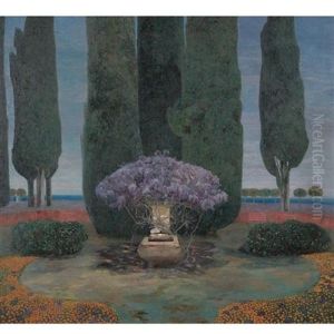 Glyzinienbrunnen Vor Zypressen (wysteria Fountain And Cypress Trees) by Karl Mediz