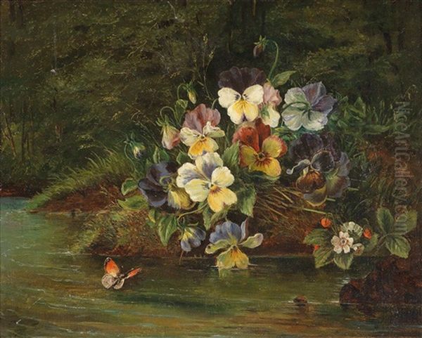 Pansies And Strawberries By The Stream - view 1
