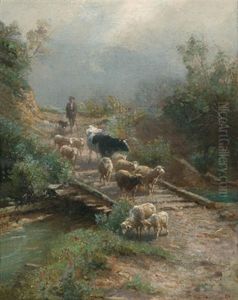 Hirte Mit Seiner Herde Am Heimweg by Emilie Mediz-Pelikan