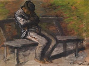 Ein Auf Einer Bank Sitzender Schlafender Mann by Laszlo Mednyanszky