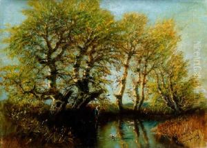 Folyopart Delutani Napfenyben (riverside Lit By Afternoon Sunlight) by Laszlo Mednyanszky