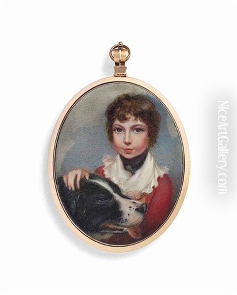 A Child, In Red Coat, Ruffled White Collar, With Right Hand On Top Of Dog's Head; Sky Background - view 1