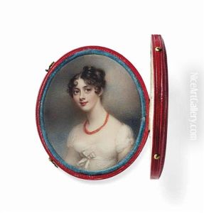 Lady Caroline Lamb, Nee Ponsonby (1785-1828), In White Dress, White Ribbon Tied Around Her Waist, Coral Necklace, Upswept Curling Brown Hair... by Anne Mee