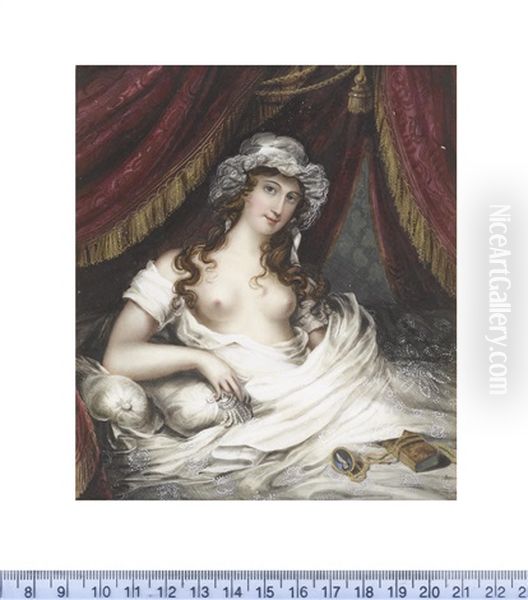 A Lady, Seated Before A Small Book And A Portrait Miniature Of A Gentleman Beneath The Canopy Of Her Bed, Wearing Open Chemise And White Lace Cap, Her Brown Curls Falling Over Her Shoulders - view 1