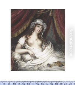 A Lady, Seated Before A Small Book And A Portrait Miniature Of A Gentleman Beneath The Canopy Of Her Bed, Wearing Open Chemise And White Lace Cap, Her Brown Curls Falling Over Her Shoulders