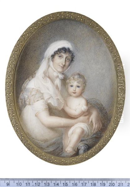 A Mother And Child, Seated; The Former, Wearing Blue Dress With Red Stripes And Matching Stole, White Fichu, Her Dark Hair Upswept Beneath A White Linen Mob Cap - view 1