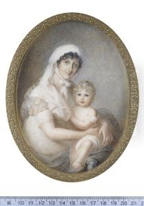 A Mother And Child, Seated; The Former, Wearing Blue Dress With Red Stripes And Matching Stole, White Fichu, Her Dark Hair Upswept Beneath A White Linen Mob Cap by Anne Mee