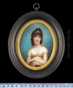 A Lady, Wearing Classical-style White Robes Trimmed With Gold, A Gold Tiara In Her Dark Brown Hair, A Pearl Bracelet On Her Wrist, A Book In Her Hand