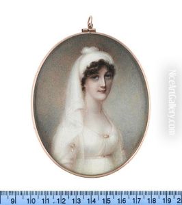 A Lady, Wearing White Dress With Pearl Brooches At Her Sleeve And Corsage, A White Turban In Her Dark Upswept And Curled Hair