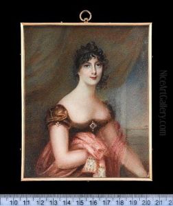 A Lady, Wearing Brown Dress With Brooch At Her Corsage, A Pink Mantle With Embroidered Border Over Her Arms, Curtain Background