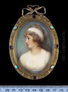 A Lady, Wearing White Dress With Blue Waistband And White Bandeau In Her Powdered Hair