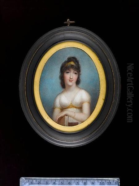 A Lady, Wearing Classical White Robes Trimmed With Gold, Her Brown Hair Worn Long And Dressed With A Gold Diadem, A Pearl Bracelet On Her Left Wrist, Her Left Hand Resting On A Book - view 1
