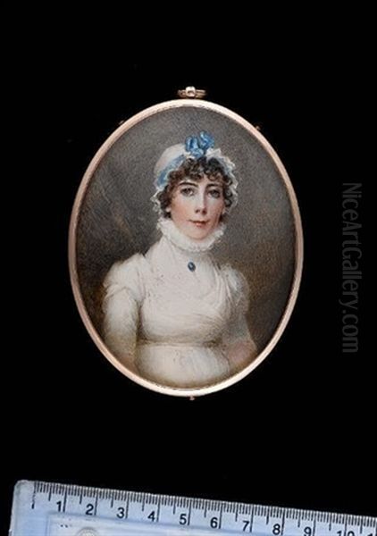 A Lady, Wearing White Dress With Pie-crust Collar, A Brooch Set With A Blue Stone Pinned At Her Throat, White Bonnet Trimmed With Blue Ribbon On Her Curled Brown Hair - view 1