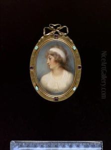 A Lady, Profile To The Left, Wearing White Dress With Blue Sash, Her Hair Worn Long And Dressed With A White Bandeau