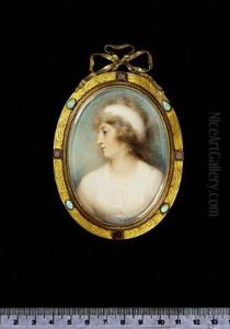 A Lady, Profile To The Left, Wearing White Dress With Blue Waistband And White Bandeau In Her Powdered Hair