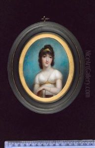 A Lady Wearing Classical-style White Robes Trimmed With Gold, A Gold Tiara In Her Dark Brown Hair, A Pearl Bracelet On Her Wrist, A Book In Her Hand