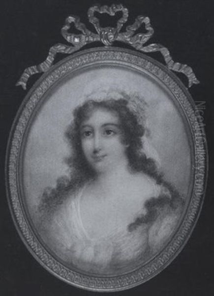 A Lady Wearing White Dress With Pale Blue Ribbon At Her Corsage, White Mob Cap With Matching Ribbon In Her Long Dark Hair - view 1