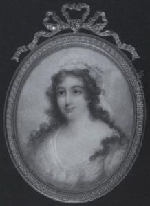 A Lady Wearing White Dress With Pale Blue Ribbon At Her Corsage, White Mob Cap With Matching Ribbon In Her Long Dark Hair