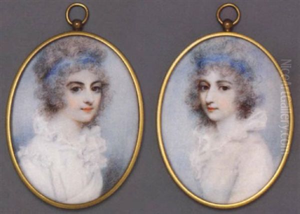 A Young Lady In White Dress With Ruffled Collar, Blue Bandeau In Her Powdered Curling Hair - view 1