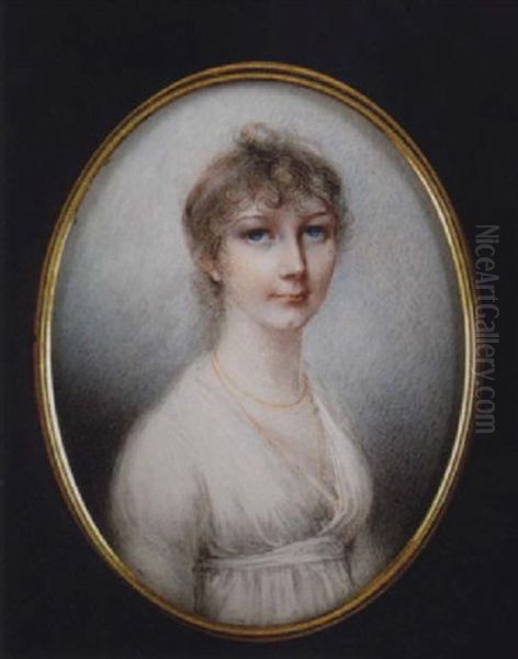 A Lady With Bright Blue Eyes, Wearing Decollete White Dress And Gold Chain Necklace - view 1
