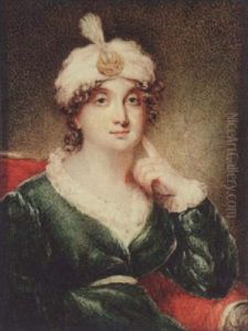 Lady Caroline Lamb Wearing Decollete Green Dress With White Lace Collar And Cuffs, White Turban With Gold Pin, She Touches Her Face With Her Left Hand by Anne Mee