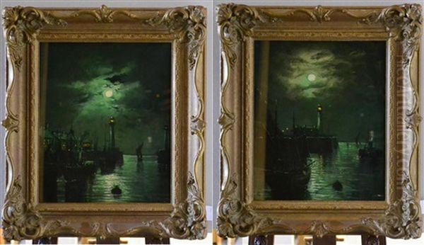 Moonlit Harbour Scene; Moonlit Harbour Scene With Cottages - view 1