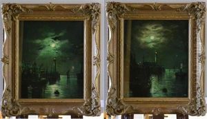 Moonlit Harbour Scene; Moonlit Harbour Scene With Cottages by Walter Linsley Meegan