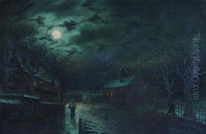 Moonlit Street Scene With Figure by Walter Linsley Meegan