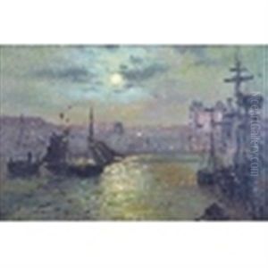 Scarborough Harbour By Moonlight With Various Vessels by Walter Linsley Meegan