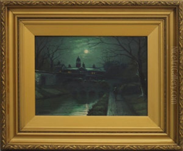 Moonlit Canal Scene With A Figure And A Stone Bridge - view 1