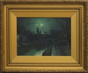 Moonlit Canal Scene With A Figure And A Stone Bridge by Walter Linsley Meegan