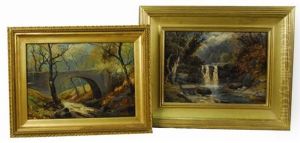 Forest Landscape With Waterfall (+ Landscape With Bridge; 2 Works) by Walter Linsley Meegan