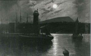 A Moonlight Harbour Scene by Walter Linsley Meegan