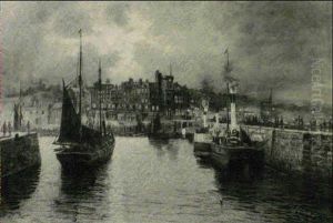 The `frenchman' And The `scarborough' In Bridlington        Harbour, With The Old Town Hall Beyond