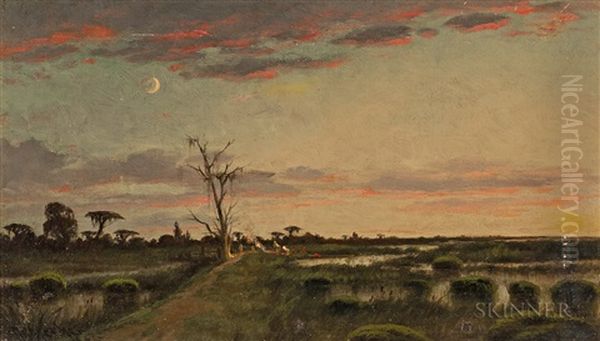 Bayou Field With Campsite At Dusk Under A Crescent Moon by Joseph Rusling Meeker