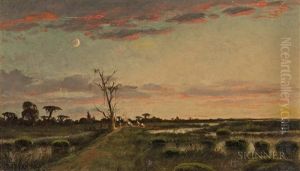 Bayou Field With Campsite At Dusk Under A Crescent Moon