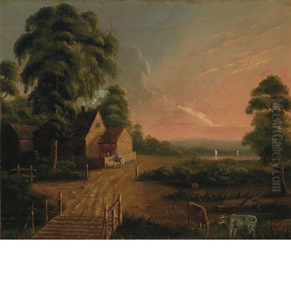 Farm Scene; Country Bridge At Dusk (2 Works) - view 1