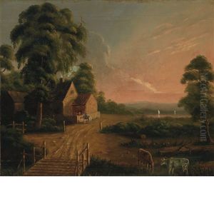 Farm Scene; Country Bridge At Dusk (2 Works)