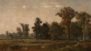 Autumn On The River Peres [sic], Missouri Landscape With Figure And Dog by Joseph Rusling Meeker