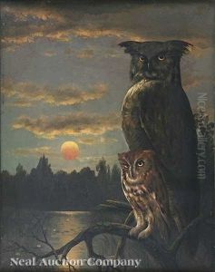 Great Horned Owl And Fledgling At Dusk