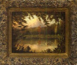 Figures Boating, Early Autumn In Auburn, New York by Joseph Rusling Meeker