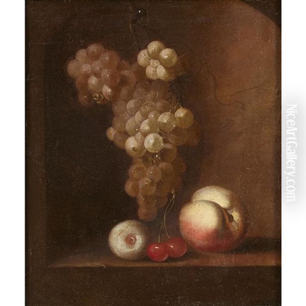 Still Life Of Grapes, Cherries, A Peach And An Apple On A Ledge - view 1
