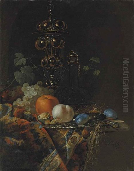 An Orange, A Peach, Plums, Hazelnuts And A Walnut On A Silver Plate, Before A Glass Decanter, Grapes, A Knife And A Silver Gilt Cup And Cover, On A Partly Draped Ledge - view 1