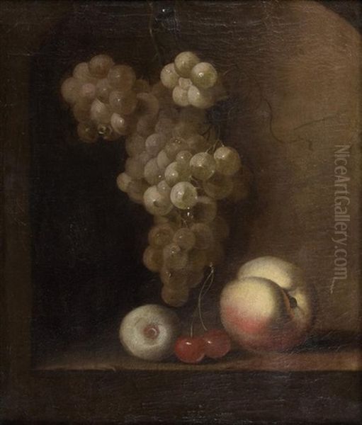 Nature Morte A La Grappe De Raisins, Peche Et Cerises Dans Une Niche En Pierre - view 1