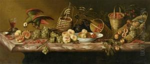 Stilleben Mit Fruchten, Wein Und Papagei Auf Einem Marmor-tisch